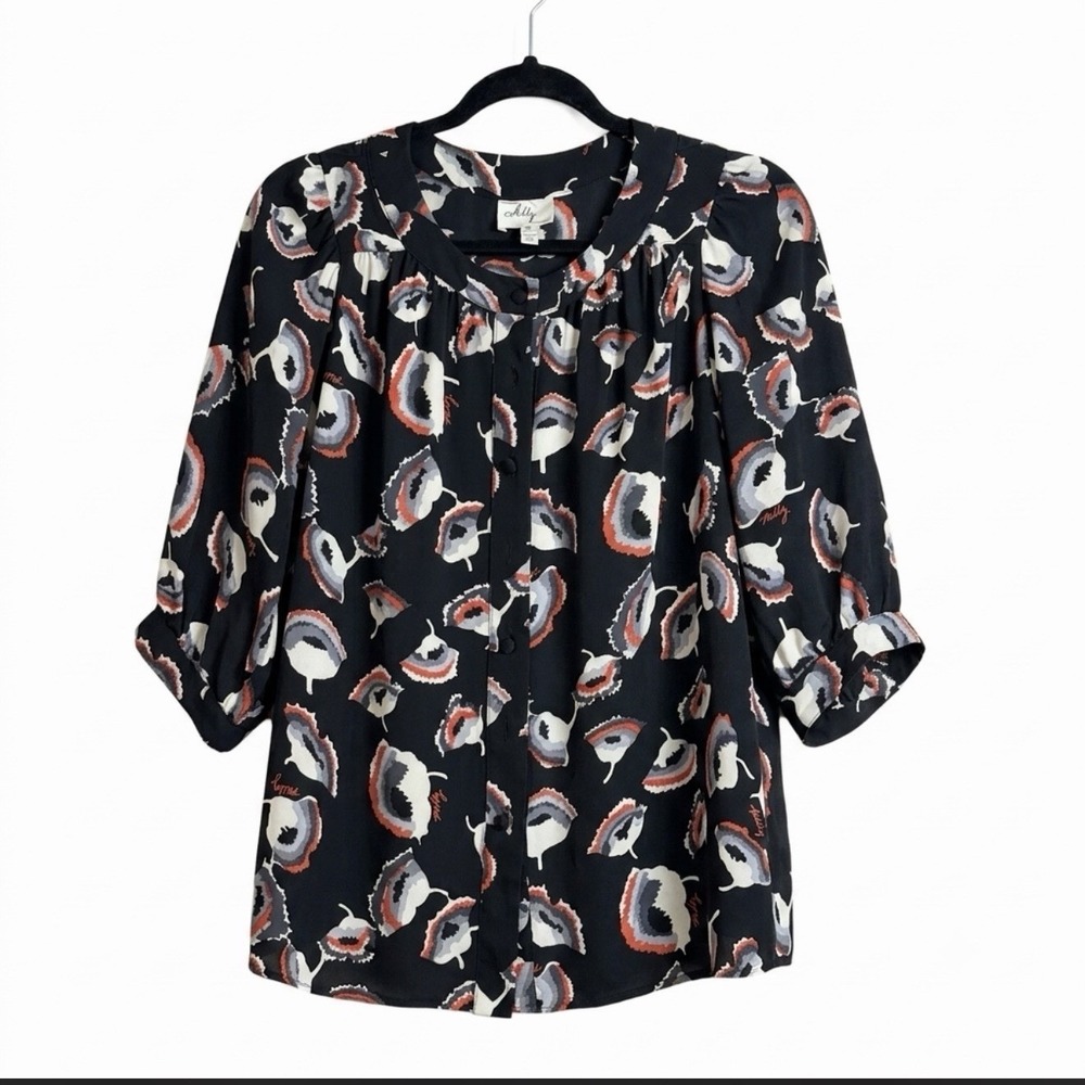 Milly of New York Black Signature Floral Print 100 % Silk Blouse - Size 2